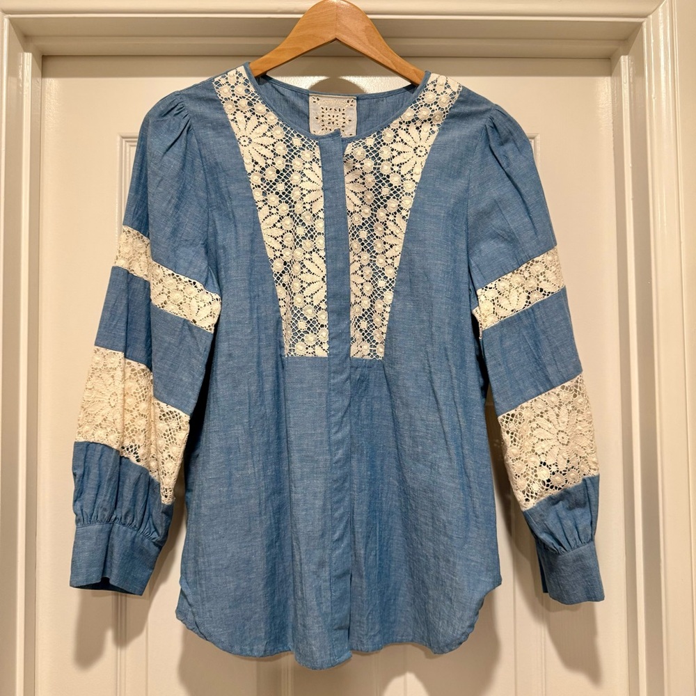 NWT Johnny Was $310 Thalassa Pieced Button Down Chambray Top Blouse Shirt Size S - Picture 12 of 16